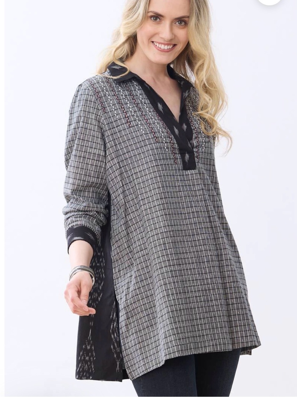 Marketplace Handwork of India Savita Ikat Long-Sleeve PL Lagenlook Cotton Boho